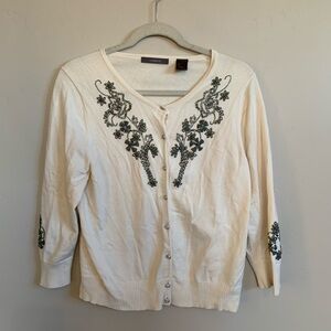 Cream Beaded Floral Embellished Embroidered Button Up Cardigan Liz Claiborne